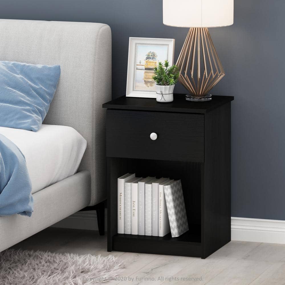 Black Oak 1-Drawer Nightstand Set with Silver Knobs