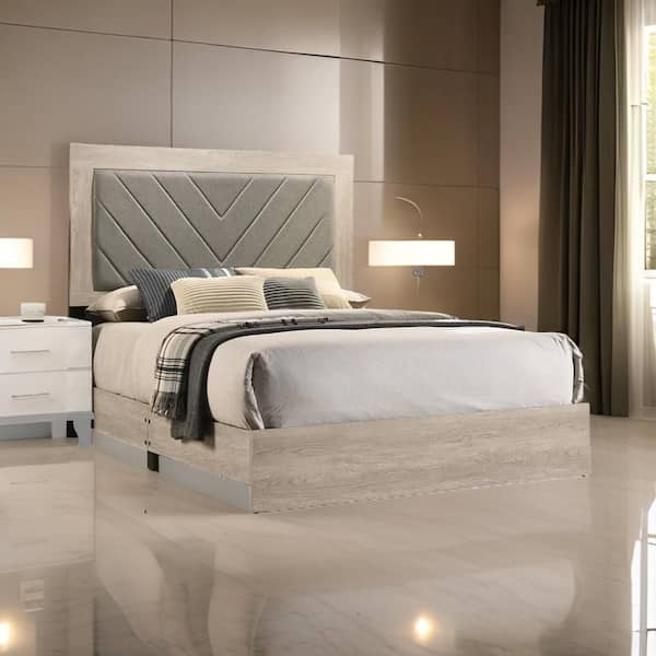 Benjara Cato Gray and Cream Wood Frame Queen Size Platform Bed