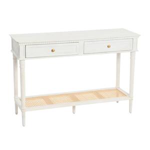 Maxwelton 48 in. White Acacia Wood Console Table with Drawers and Woven Cane Shelf