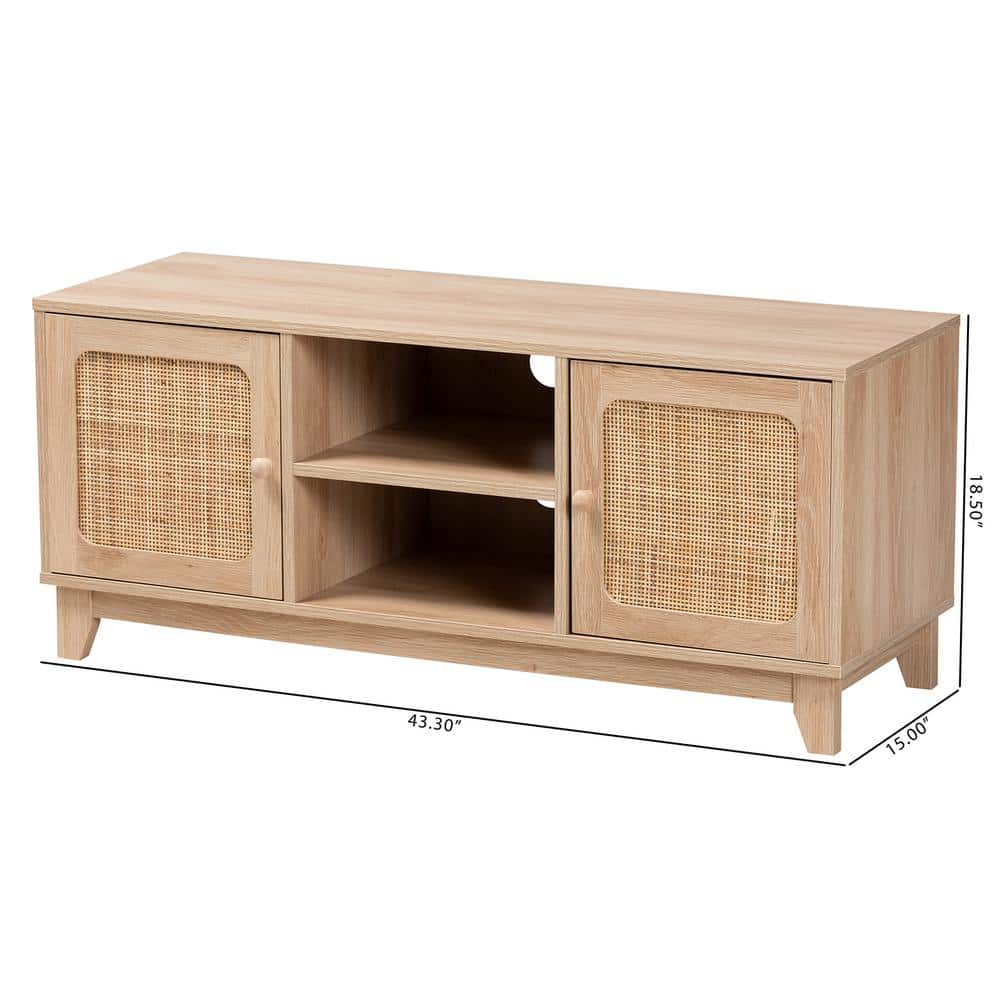 Elsbeth Light Brown Wood and Natural Rattan TV Stand with Cabinet