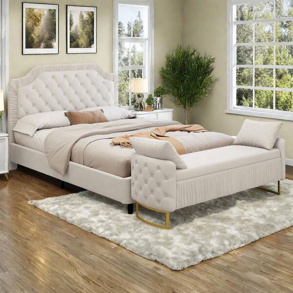 Noble House Eloise White Wood Frame Queen Size Modern Velvet Platform Bed with Storage Ottoman and Tufted Headboard