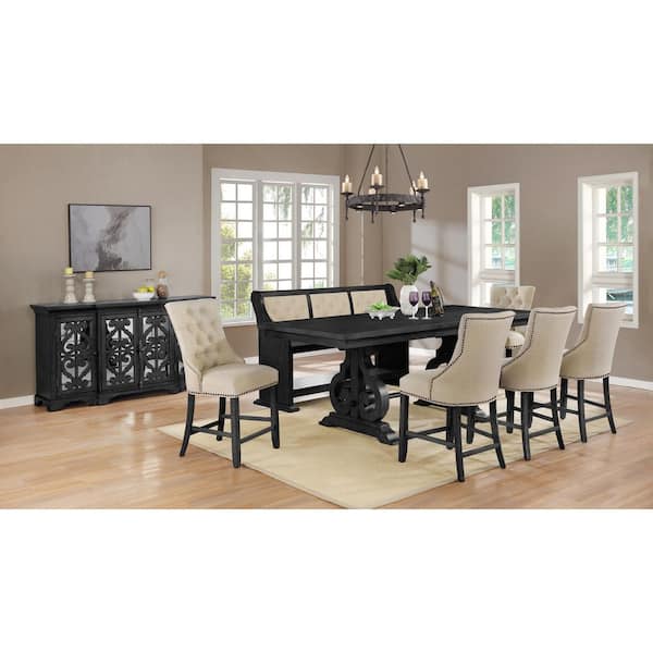 Best Quality Furniture Elias 8-Piece Rectangle Counter Height Dining Set with Beige Linen Fabric Chairs, Bench with Server.