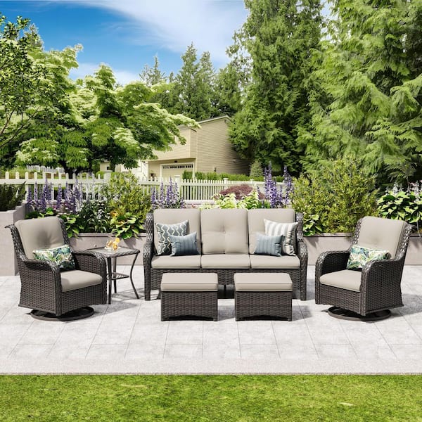 JOYSIDE 6-Piece Wicker Outdoor Patio Seating Set Sectional Sofa with Swivel Rocking Chair, Ottomans and Beige Cushions