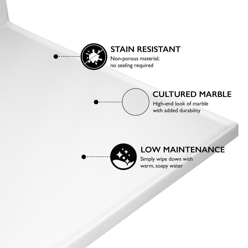 61-Inch Solid White Cultured Marble Vanity Top with Backsplash
