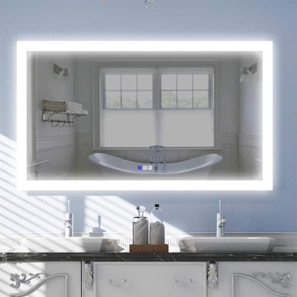 WELLFOR 55 in. W x 32 in. H Rectangular Frameless LED Lighted Anti-Fog Wall Mounted Bathroom Vanity Mirror