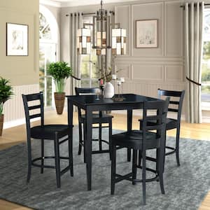 5 PC Set - Black Solid Wood 36 in. Table with 4-Side Stools