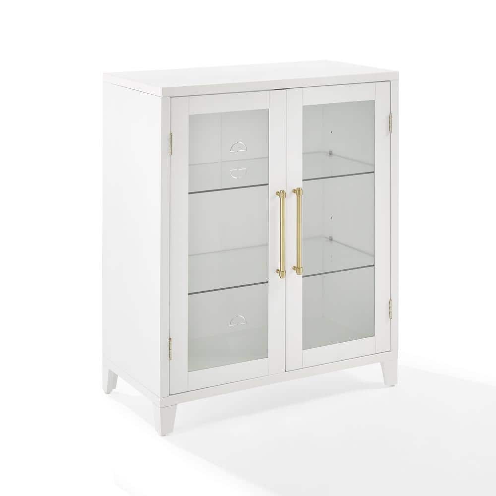 White Glass Door Kitchen Pantry Storage Cabinet with Gold Hardware