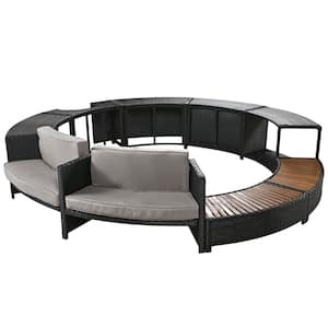 Spa Surround Black Plastic Rattan Outdoor Patio Sofa Sectional Set with Gray Cushions and Storage Spaces