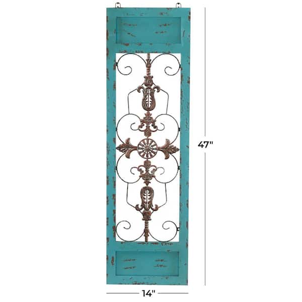 14 in. x 47 in. Wood Teal Arabesque Scroll Wall Decor with Metal Fleur De Lis Relief