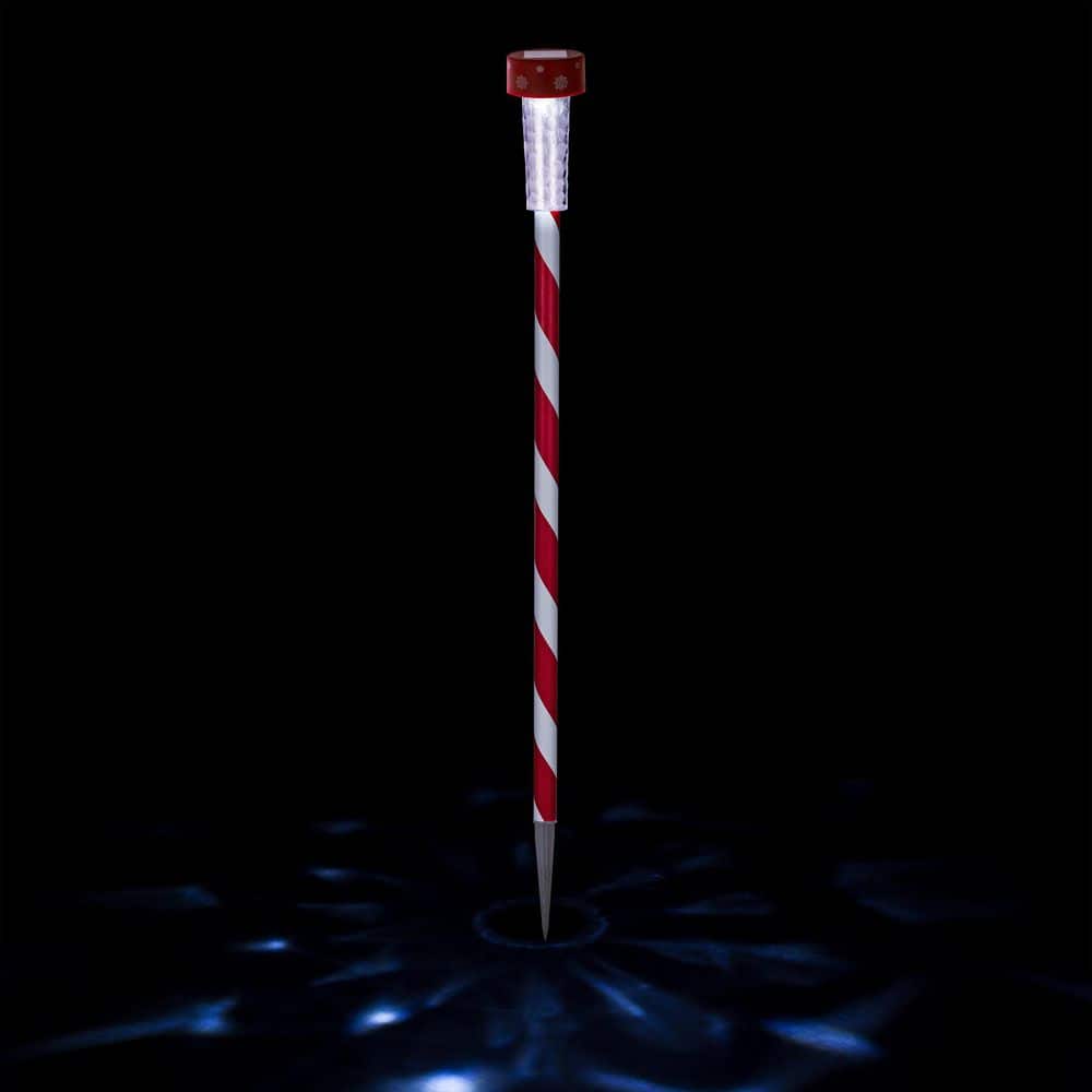 Alpine Corporation 27" Striped Plastic Solar Light-Up Holiday Garden Stakes, Set of 4, Red/White