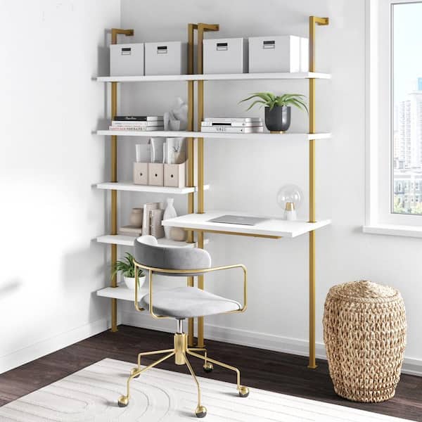 Nathan James Theo 73 in. White and Gold Brass Metal 2-Shelf Wall-Mount  Ladder Writing Desk Small Computer Table Bookcase, Set of 2 66002-2 - The  Home Depot