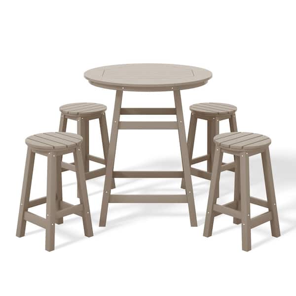 WESTIN OUTDOOR Laguna 5-Piece Counter Height HDPE Plastic Outdoor Patio Round High Top Bistro Dining Set in Weathered Wood