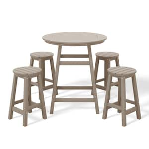 Laguna 5-Piece Counter Height HDPE Plastic Outdoor Patio Round High Top Bistro Dining Set in Weathered Wood