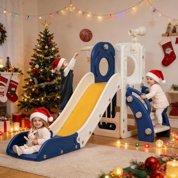 6 in 1 Indoor Slide, Toddler Slide with Basketball Hoop, Telescope, Storage Space