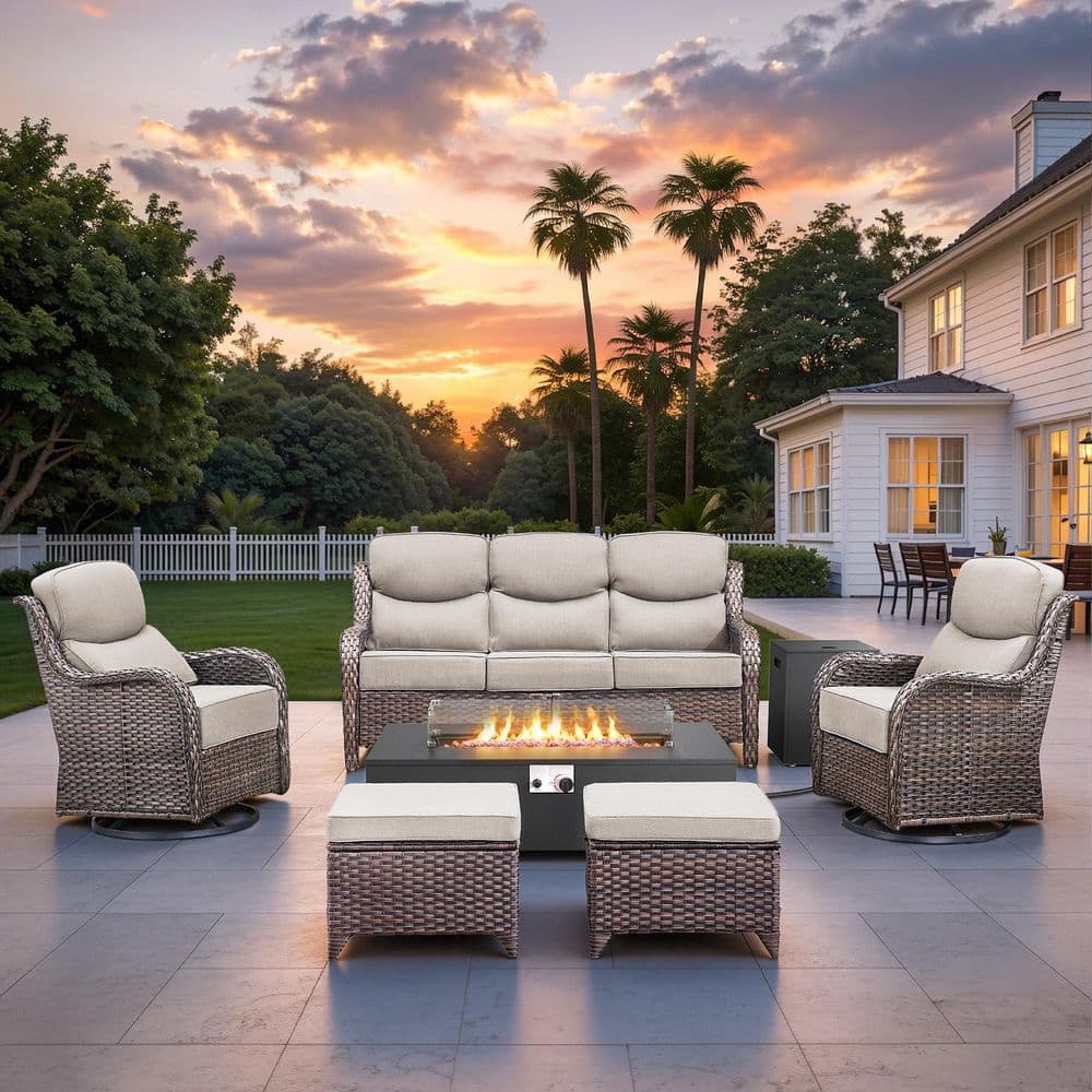 Holion 6-Piece Wicker Patio Conversation Set with Fire Pit, Outdoor Glider Furniture Sets with 6 in. Cushions in Beige price history on PriceWatchPro