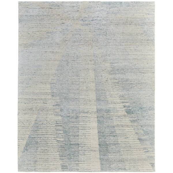 9 ft. x 13 ft. Blue Ivory And Silver Abstract Hand Knotted Distressed Area Rug