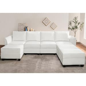 81.89 in. Faux Leather Modern 4-Seater Upholstered Sectional Sofa Bed with 3 Ottoman in. Bright White