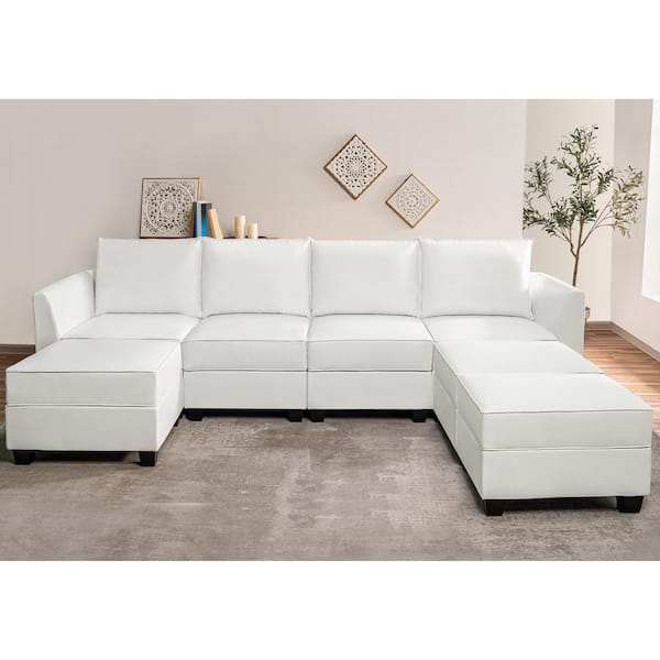 HOMESTOCK 81.89 in. Faux Leather Modern 4-Seater Upholstered Sectional Sofa Bed with 3 Ottoman in. Bright White