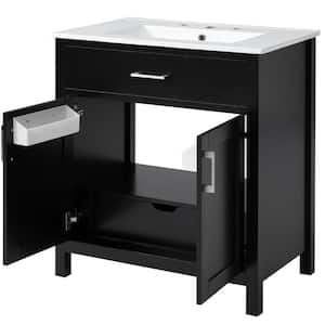 30 in. W Single Sink Freestanding Bath Vanity in Black with White Ceramic Top, 1 Drawer, 2 Doors and Shelf