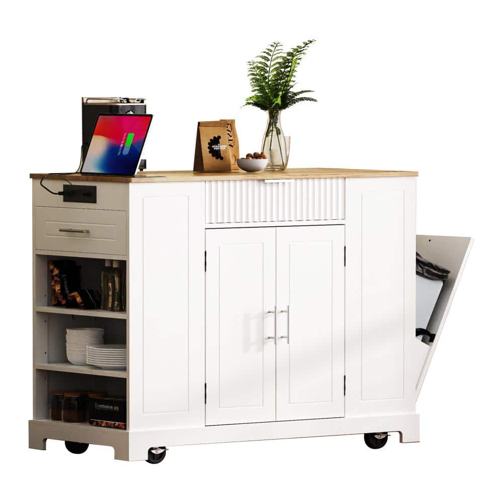 Fluted Rolling Kitchen Island, Trash Bin Cabinet, Power Outlet, 3 Drawers, 5 Side Racks For 10Gal Bin, White