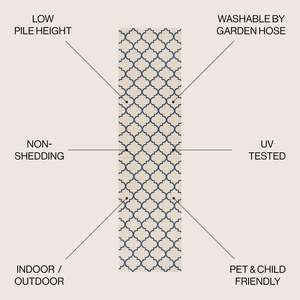 Santa Monica Beige/Navy Synthetic Trellis Runner Rug 2x8