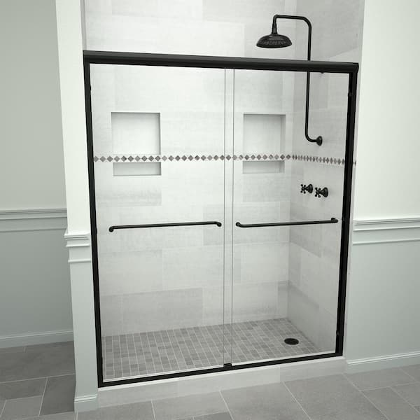 Tile Redi 6000 Series 60 in. W x 72 in. H Sliding Semi-Frameless Shower Doors in Matte Black with Towel Bar and Clear Glass