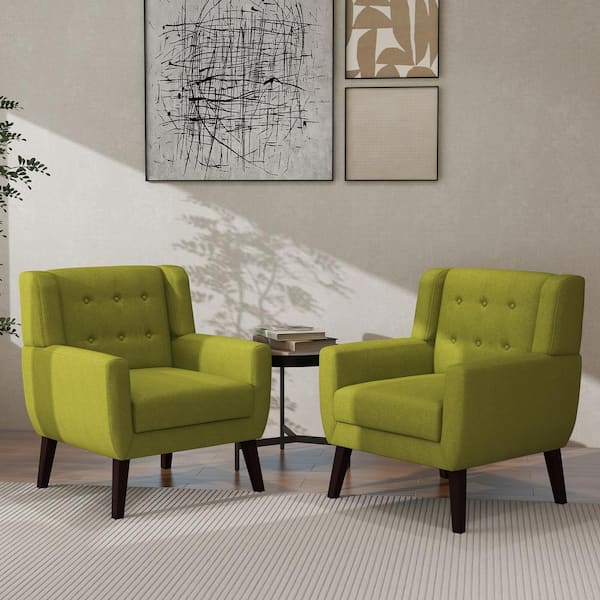 Uixe Mid-Century Modern Button Green Linen Accent Arm Chair (set of 2)