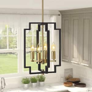 4-Light Farmhouse Kitchen Island Pendant Light, Geometric Lantern Chandelier with Black and Gold Finish for Dining Room