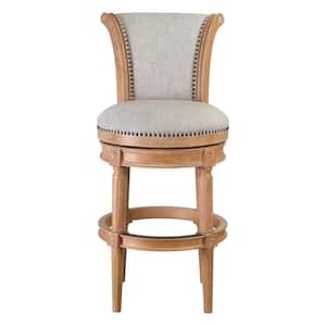 Chapman 31 in. Weathered Natural High Back Wood Swivel Bar Stool with Gray Upholstered Seat, 1-Stool