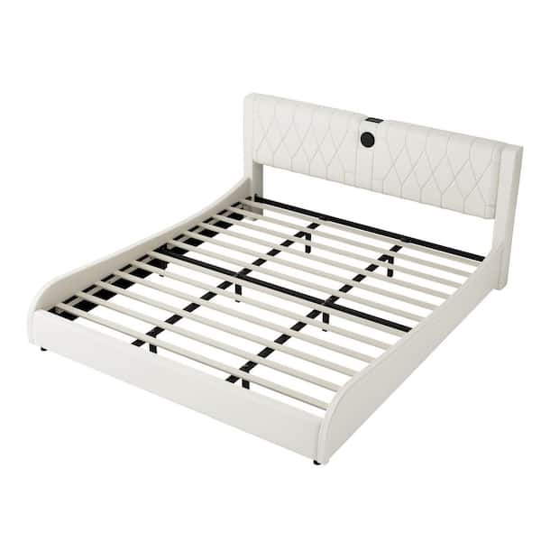 Faux Leather Upholstered White Wood Frame King Platform Bed with Bluetooth Speakers and RGB LED Light