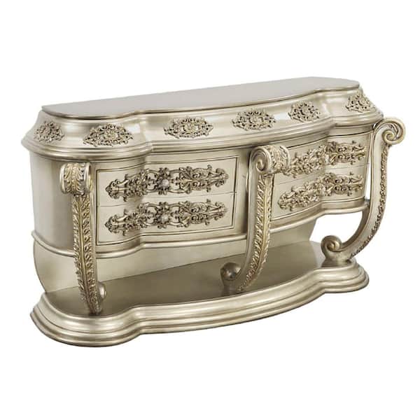 Benjara Gold Wood Top 28 in. Sideboard with Floral Carvings and Scrolled