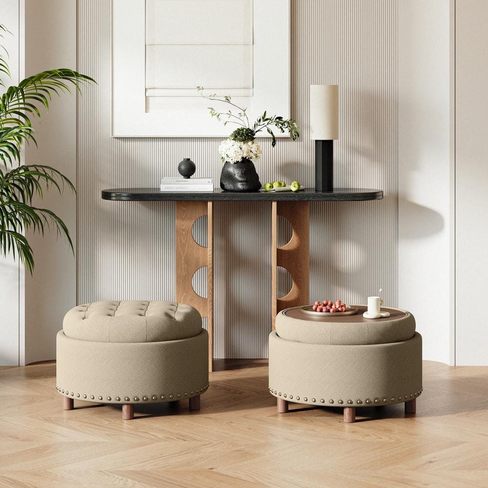 25" Round Upholstered Storage Ottoman with Tufted Cushion and Hidden Storage Compartment(Set of 2)