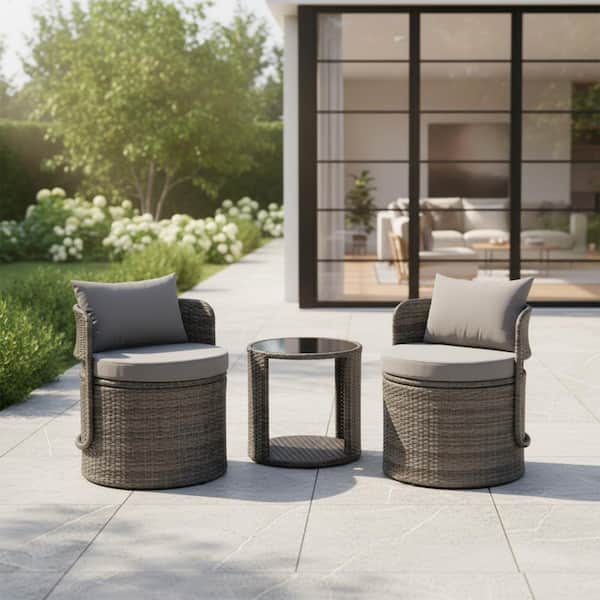 3 Piece Outdoor Patio Bistro Set with Storage, Wicker Conversation Chair Set with Glass Table, Modern Balcony Furniture