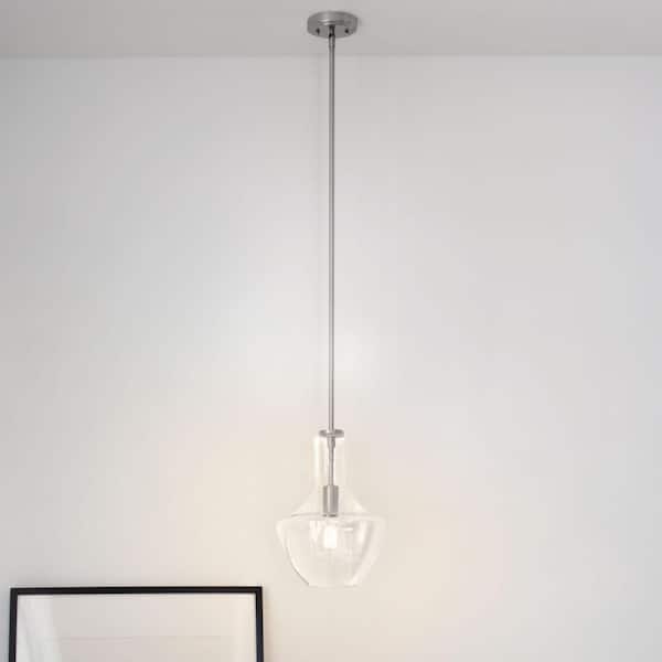 Everly 15.25 in. 1-Light Brushed Nickel Transitional Shaded Kitchen Bell Pendant Hanging Light with Clear Seeded Glass
