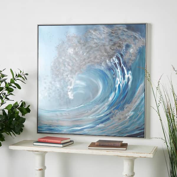 1-Panel Nautical Wave Framed Wall Art Print with Silver Frame and White Accents 40 in. x 40 in.