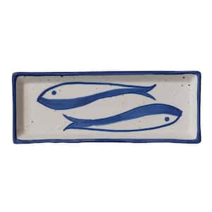 12 in. White and Blue Stoneware Rectangular Serving Platters with Fish Design