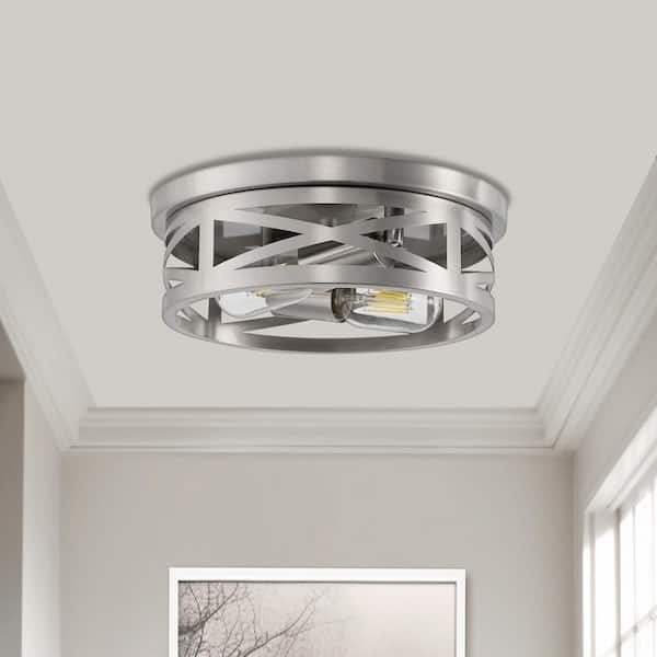 11 in. 2-Light Brushed Nickel Metal Flush Mount with No Bulbs Included 1-Pack