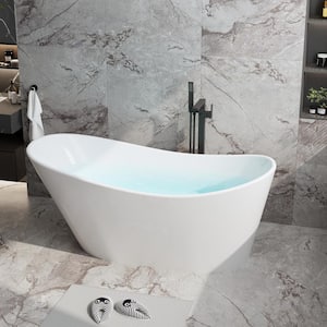 67 in. Pure Virgin Acrylic Single Slipper Flatbottom Freestanding Soaking Bathtub in White with Drain and Overflow