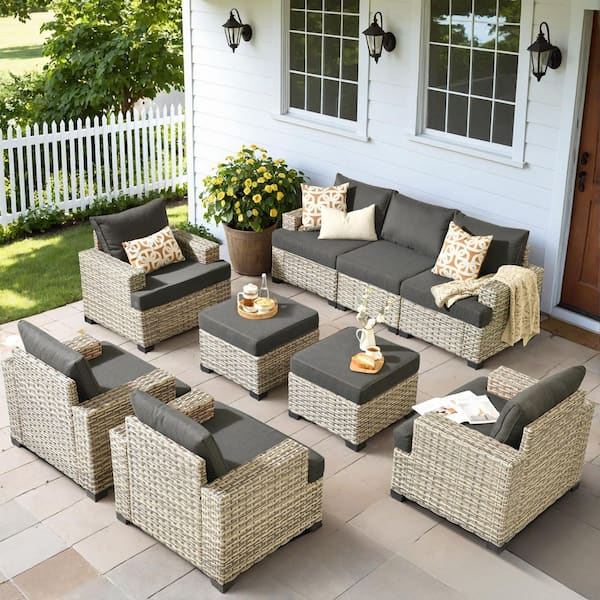 OVIOS Tiberte Gray 9-Piece Wicker Patio Conversation Seating Set with Black Cushions