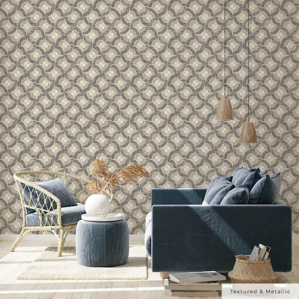 Metallic Neutral Bronze Faux Grasscloth Fans Vinyl Peel and Stick Textured Wallpaper Roll (Covers 60 sq. ft.)