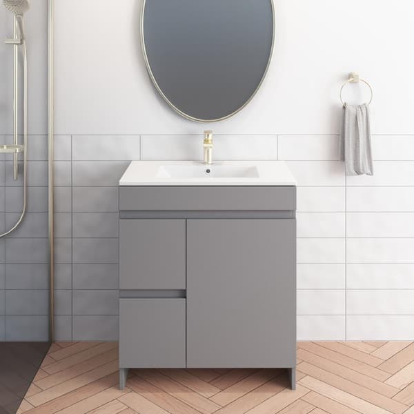 VOLPA USA AMERICAN CRAFTED VANITIES Mace 30 in. W x 18 in. D x 34 in. H Bath Vanity in Grey with White Ceramic Top and Left-Side Drawers