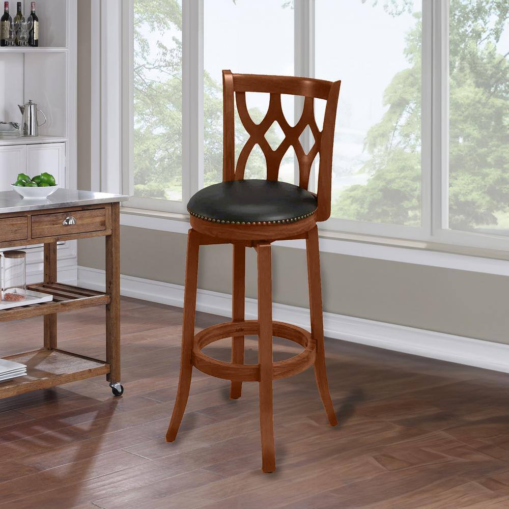 Dark Cherry Swivel Bar Stool with Black Faux Leather Seat