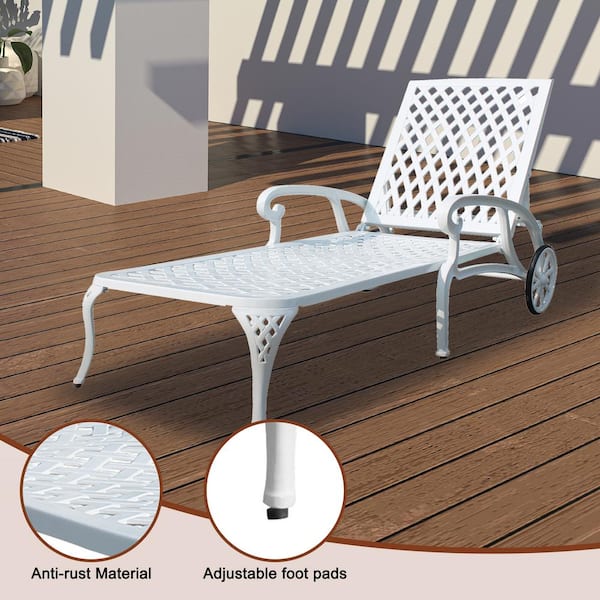 Tige Antique White Garden Metal Patio Adjustable Cast Aluminum Chaise Lounge Recliner Chair with 2 Wheels