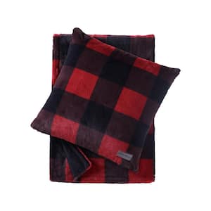 Cabin Plaid Faux Fur 2-Piece Red Micorfiber Throw and Pillow Cover Set