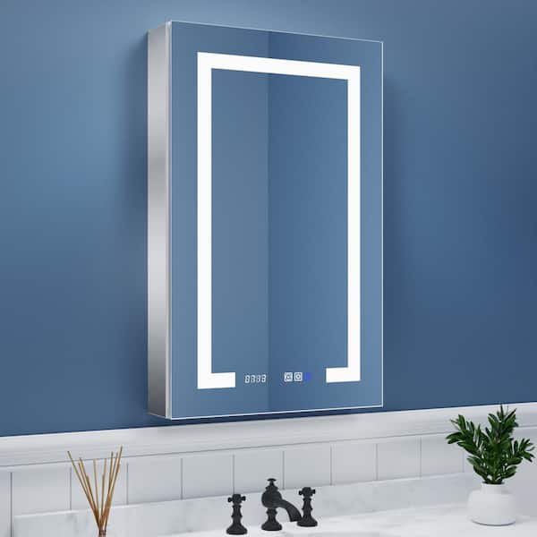 ExBrite 20 in. W x 32 in. H Rectangular Silver Aluminum Recessed/Surface Mount Left Dimmable Medicine Cabinet with Mirror