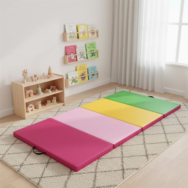 Folding Gymnastics Mat, 10 Ft x 4 Ft x 2" 4-Panel Exercise Mat with Hook & Loop Fasteners, Portable Handles