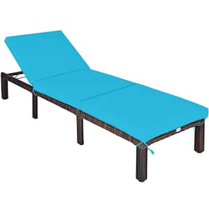 Adjustable Rattan Patio Outdoor Chaise Lounge Chair Recliner with Turquoise Cushion