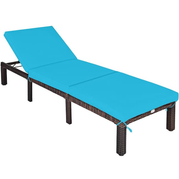 Gymax Adjustable Rattan Patio Outdoor Chaise Lounge Chair Recliner with Turquoise Cushion