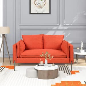 56 in. Orange Linen 2-Seater Loveseat with Armrest and Pillows
