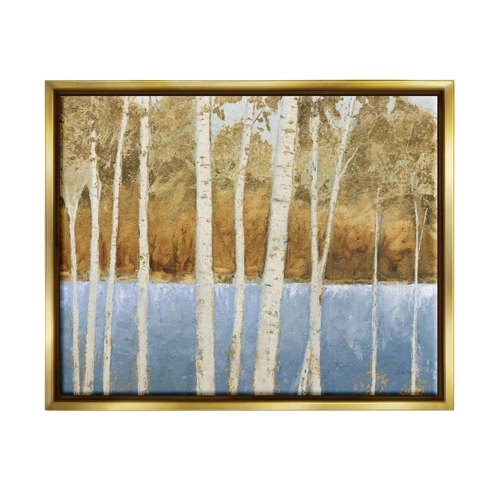 Birch Tree Lake Landscape Blue Gold Nature Painting by James Wiens Floater Frame Nature Wall Art Print 21 in. x 17 in -  The Stupell Home Decor Collection, ab056_ffg_16x20